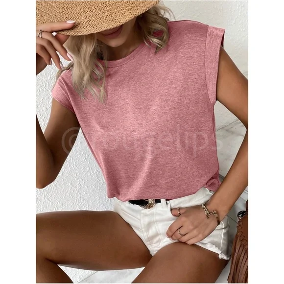 Pink Crew Neck Muscle Tee Top Shirt Cap Sleeve, Round Neck - Picture 3 of 8